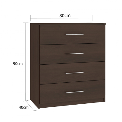 Cômoda de madeira escura com quatro gavetas e puxadores metálicos prateados