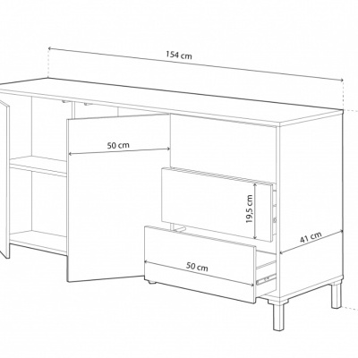 Desenho técnico de móvel branco com portas e gavetas e medidas detalhadas