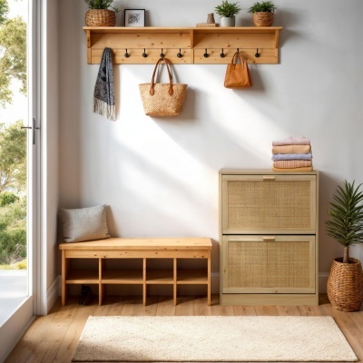 Móvel de arrumação em madeira clara com cabide, banco com compartimentos e sapateira com textura trançada em entrada de casa