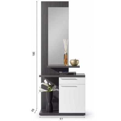 Móvel de entrada com espelho, madeira escura e porta branca