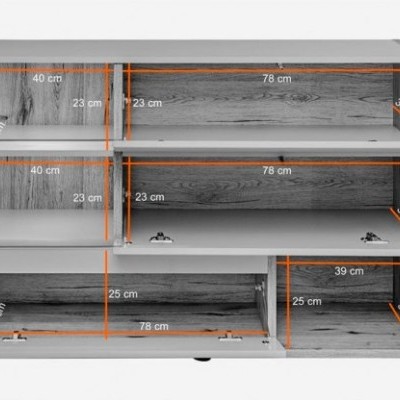 Móvel de televisão em madeira clara e branca com prateleiras e medidas visíveis.