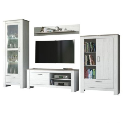 Conjunto móveis sala madeira clara com armário vidro, estante TV, prateleira e armário livros