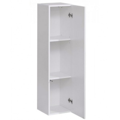 Armário branco de madeira com porta aberta e duas prateleiras interiores