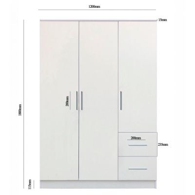 Guarda-roupa branco três portas com duas gavetas e puxadores metálicos