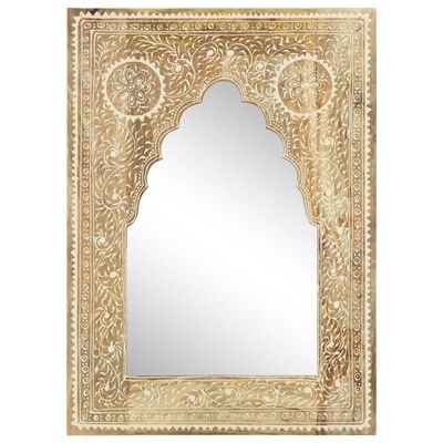 Espelho com moldura decorativa dourada e bege com padrão floral e arabesco