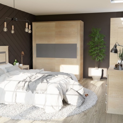 Quarto com cama, armário, tapete, planta e iluminação moderna