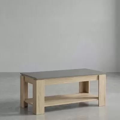 Mesa de centro retangular com tampo cinza e estrutura de madeira clara