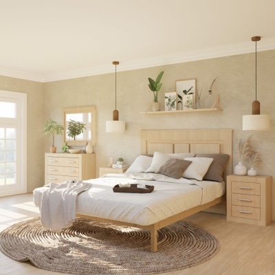 Quarto com cama de madeira clara, tapete redondo castanho, cómoda e mesa de cabeceira, plantas e luminárias pendentes.