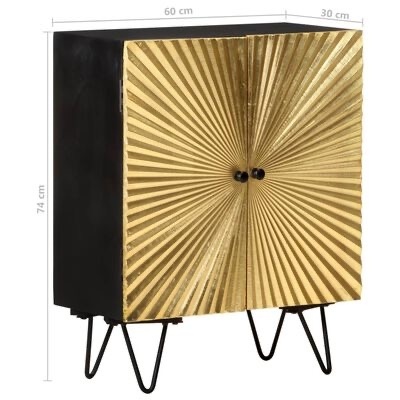 Móvel preto com portas douradas texturizadas com padrão de raios e pernas metálicas