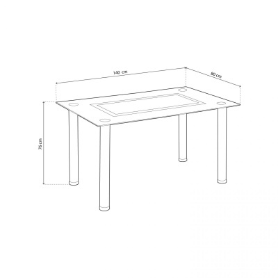 Desenho técnico de mesa retangular com as medidas 140x80x76 cm