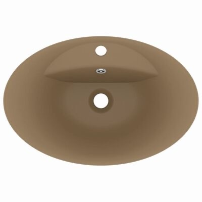 Lavatório oval castanho em cerâmica com orifícios para torneira e descarga