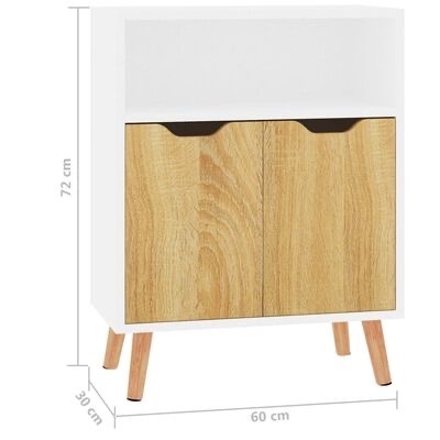 Móvel de apoio branco com portas em madeira clara e pés de madeira