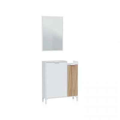 Móvel de casa de banho branco com porta de madeira clara e espelho de moldura branca suspenso