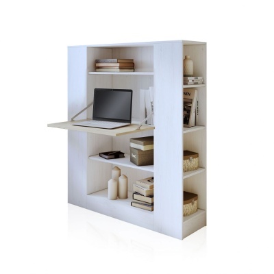 Móvel branco multiusos com prateleiras e mesa dobrável, computador portátil em cima