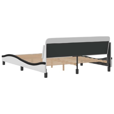 Estrado de cama de madeira com cabeceira estofada preta e estrutura branco e preto