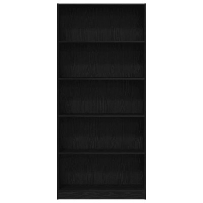Estante de livros preta com cinco prateleiras e textura de madeira