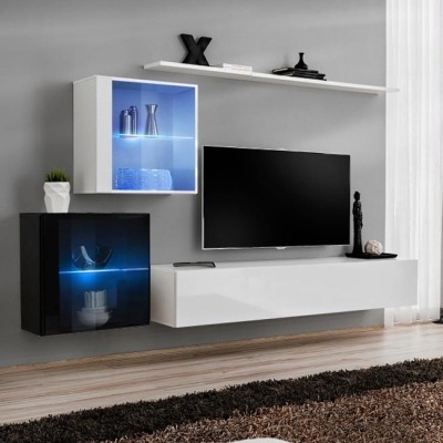 Móvel de sala moderno branco e preto com iluminação azul