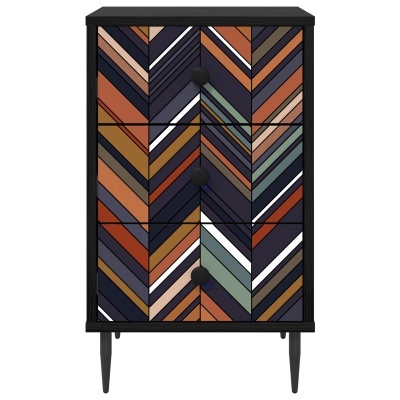Cómoda preta com três gavetas de padrão geométrico colorido