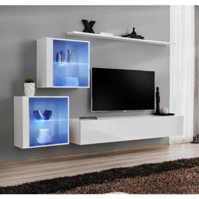 Conjunto de móveis de sala de estar branco suspenso com iluminação azul e televisão