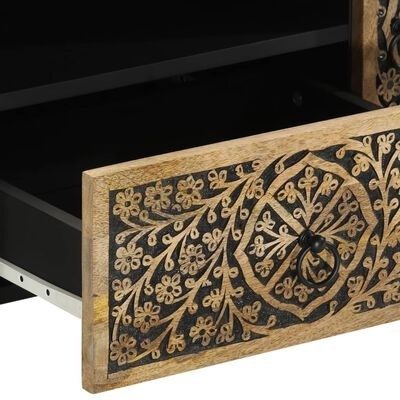 Gaveta de madeira decorada com padrão floral em cores preta e bege, e puxador metálico em argola preta