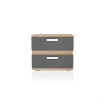 Cômoda pequena com duas gavetas cinzentas e estrutura em madeira clara