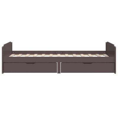 Cama de solteiro em madeira castanha escuro com duas gavetas