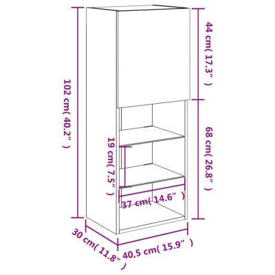Móvel branco de madeira com porta, prateleiras e gaveta, com medidas detalhadas em cm e polegadas