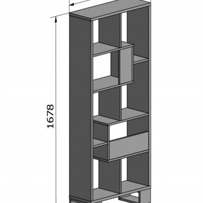 Estante alta cinza com várias prateleiras e compartimentos, dimensões indicadas