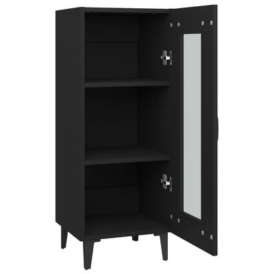 Armário preto de madeira com porta aberta e espelho vertical