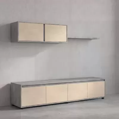 Móveis modernos para sala com armário baixo e móvel suspenso em cores creme e cinza