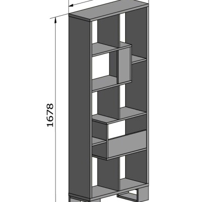 Estante alta cinza com múltiplas prateleiras e medidas técnicas visíveis