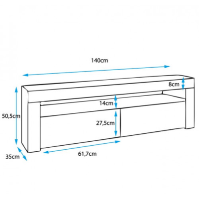 Desenho técnico de móvel branco com dimensões em centímetros.