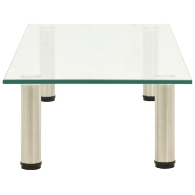 Mesa baixa com tampo de vidro e pés metálicos cilíndricos prateados