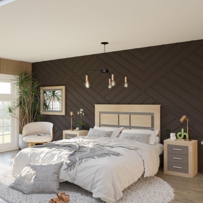 Quarto moderno com cama de madeira clara e cinzenta, parede de madeira escura, mobiliário com gavetas cinzentas e iluminação pendente