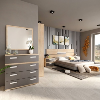 Quarto moderno com móveis em madeira clara e cinza, cama, cómoda, espelho e decoração moderna