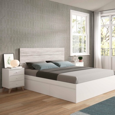 Cama de madeira branca com cabeceira cinzenta em quarto moderno e minimalista