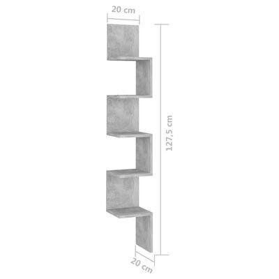 Estante de parede cinza em forma de zig-zag com textura de cimento e dimensões indicadas.