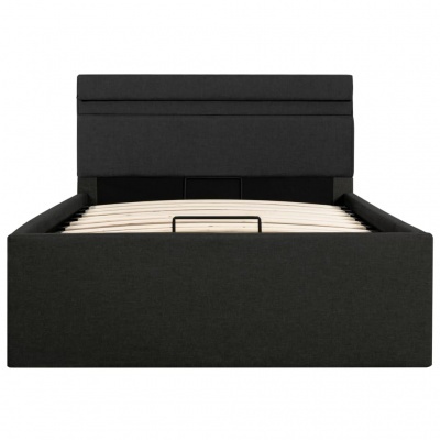 Cama de solteiro preta com cabeceira estofada e ripas de madeira