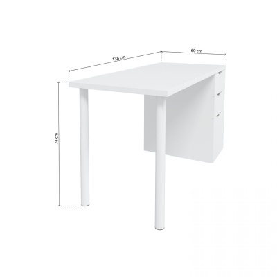 Mesa branca de escritório com tampo retangular e três gavetas