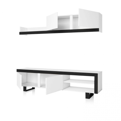 Móvel de sala branco e preto com portas abertas sobre fundo branco