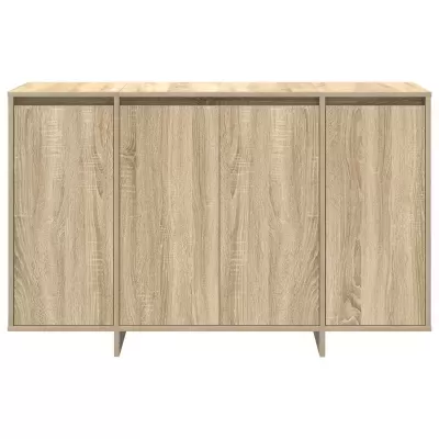 Aparador de madeira clara com três portas principais e duas laterais, base elevada com pernas retas