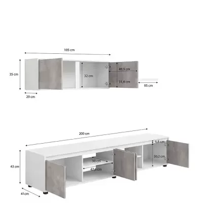 Conjunto móvel TV branco e cinza com portas e medidas indicadas