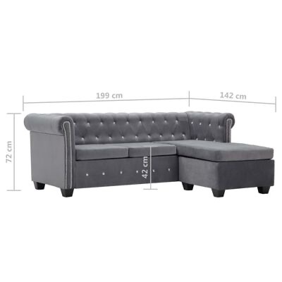 Sofá chaise longue cinzento com capitonê e pés pretos