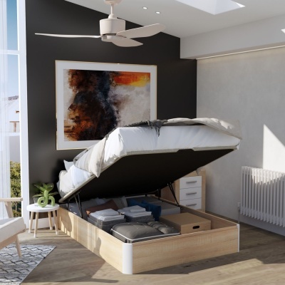 Cama com base elevatória e espaço de arrumação num quarto moderno