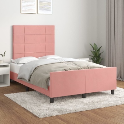 Cama de casal estofada rosa com cabeceira quadriculada