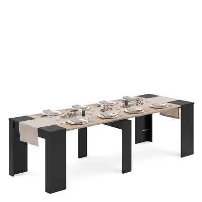 Mesa de jantar retangular madeira clara com estrutura preta decorada e postiças