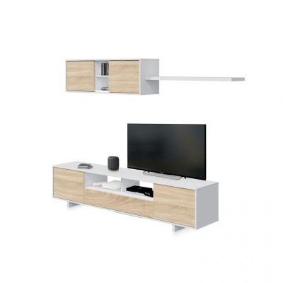 Móveis de TV branco com madeira clara, prateleiras e armários, em fundo branco