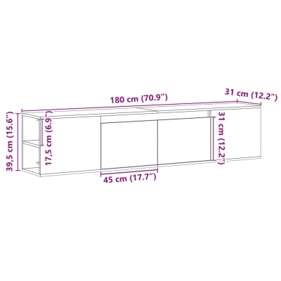 Desenho técnico de móvel suspenso branco com portas e gavetas e dimensões em cm e polegadas