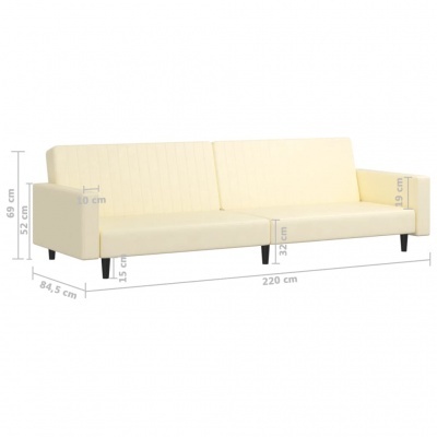 Sofá bege de três lugares com medidas anotadas