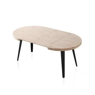 Mesa de jantar oval com tampo de madeira clara e pernas pretas